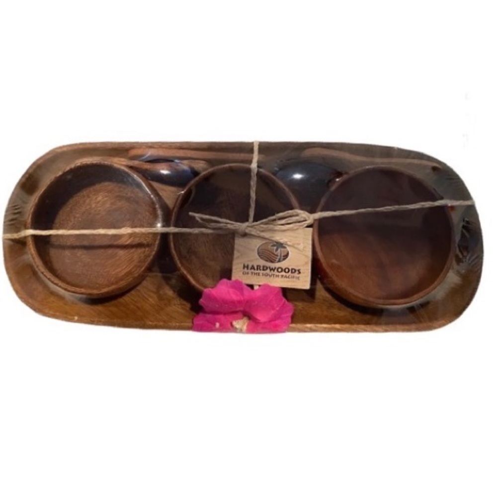 Hardwoods of the South Pacific Wooden 3 Dip Bowl Serving Set w/Tray & Spoons NEW